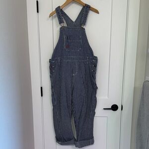 Dickies Navy Striped Overalls Size Medium Raw Hem